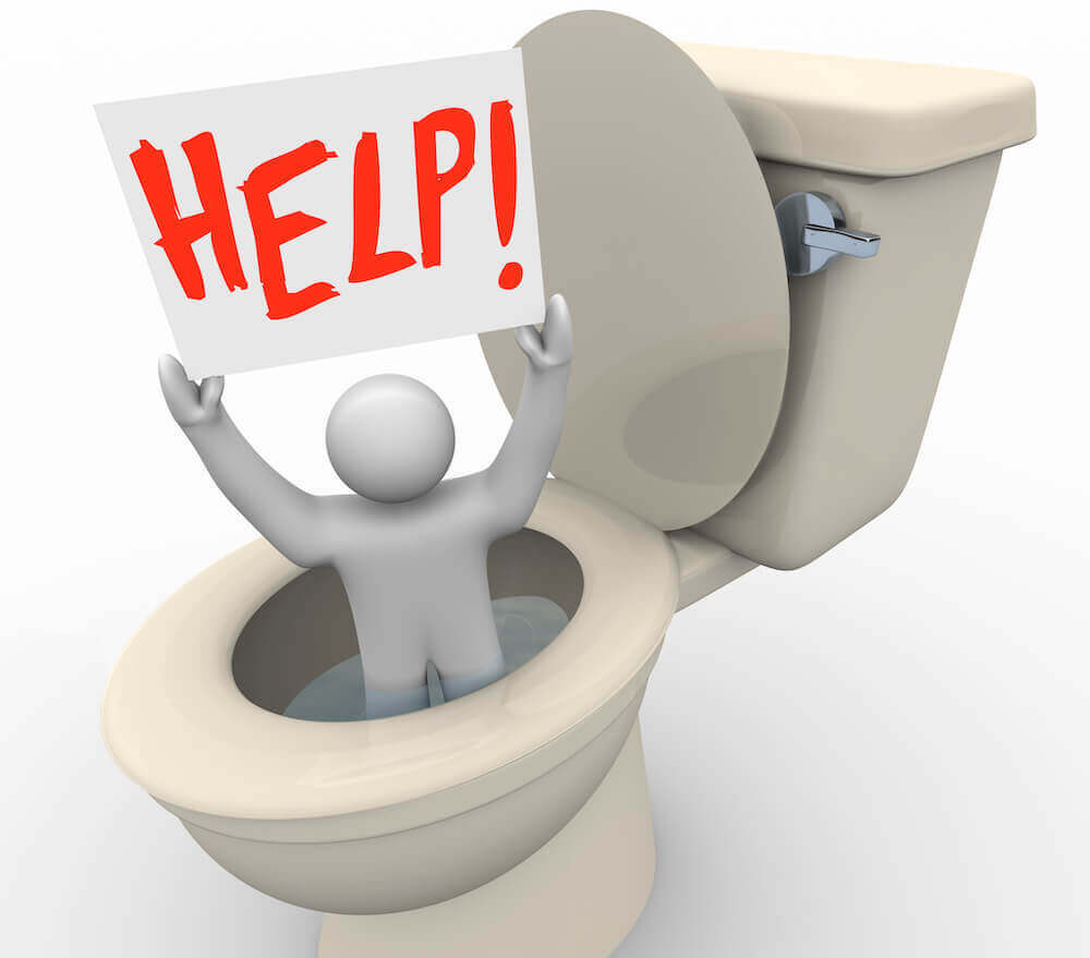 A white-on-white 3D cartoon of a figure standing in a conventional toilet holding a red-letter 'help' sign.