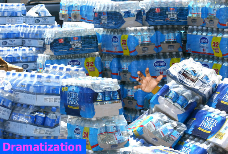  Lots of waterbottles in a storeroom, piled high and wrapped in six- or eight-packs..