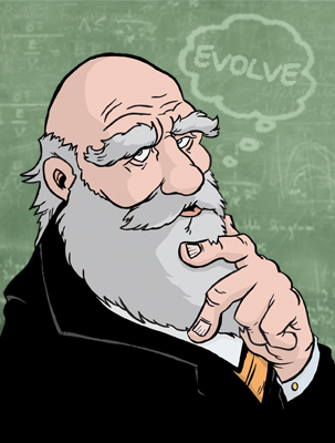 Charles Darwin at a green chalkboard.