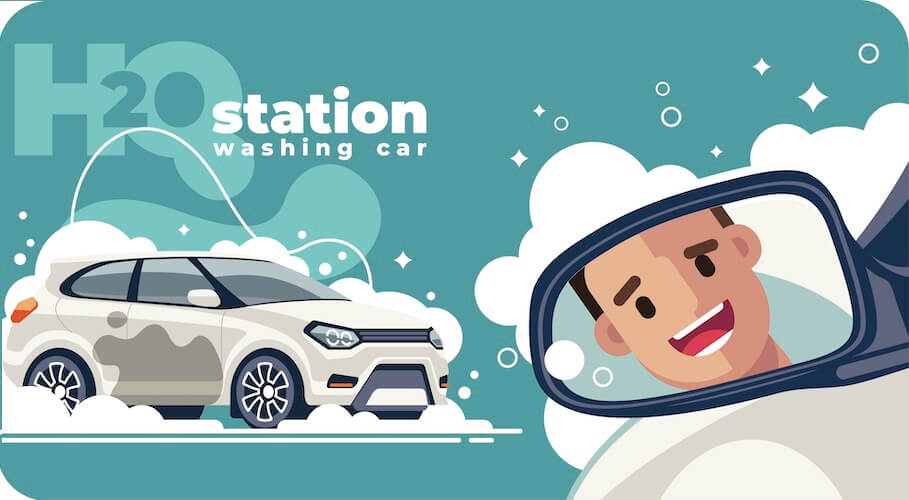 Sudsy
carwash cartoon with a handsome face in the rearview mirror!