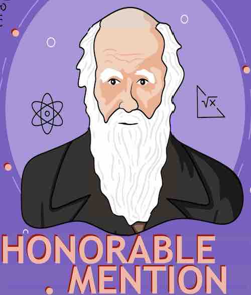 Charles Darwin with a purple swarm around his head, contemplating the twist of fate that natural selection sidestepped these still-living honorable mentions.