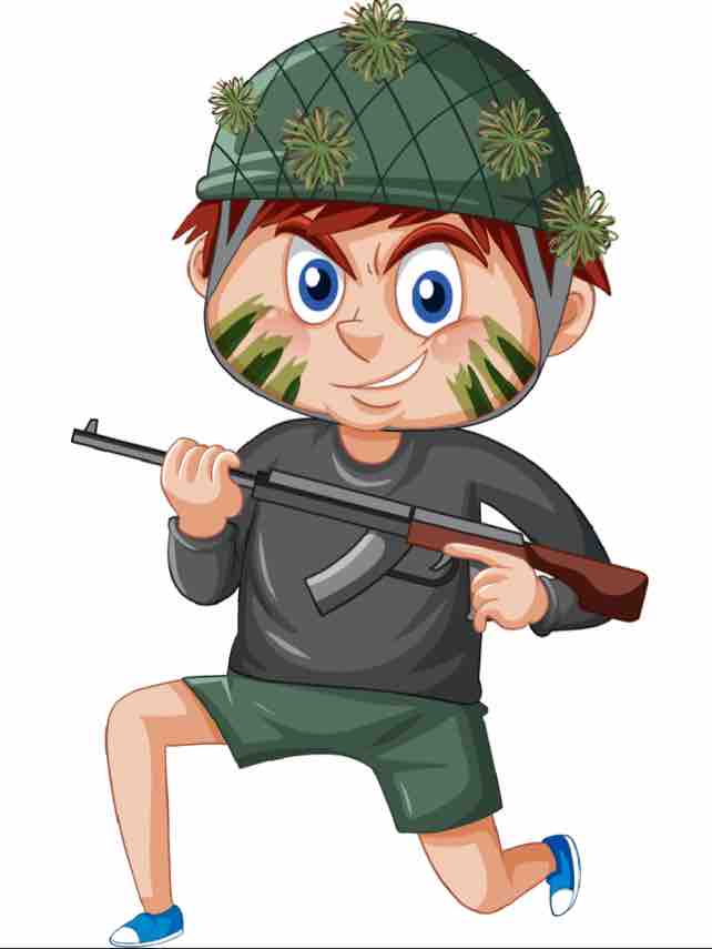 Cartoon military child with a long gun and a scratched face.