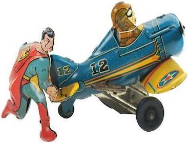 Superman rendered
      powerless by kryptonite is showin flying by hanging onto a solo
      aircraft.